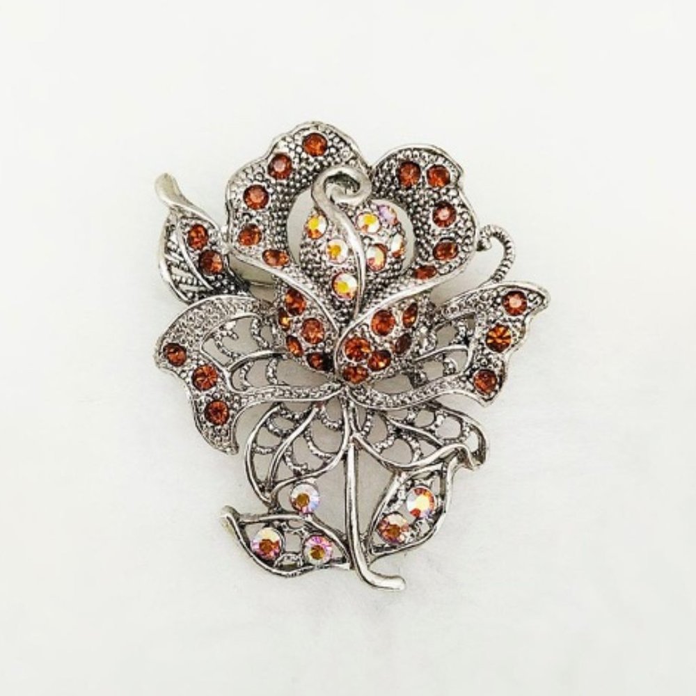 Vintage Pin Rose White Brown Crystals Brooch 2" L